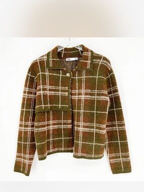 Zara Green and Brown Plaid Button-Front Jacket